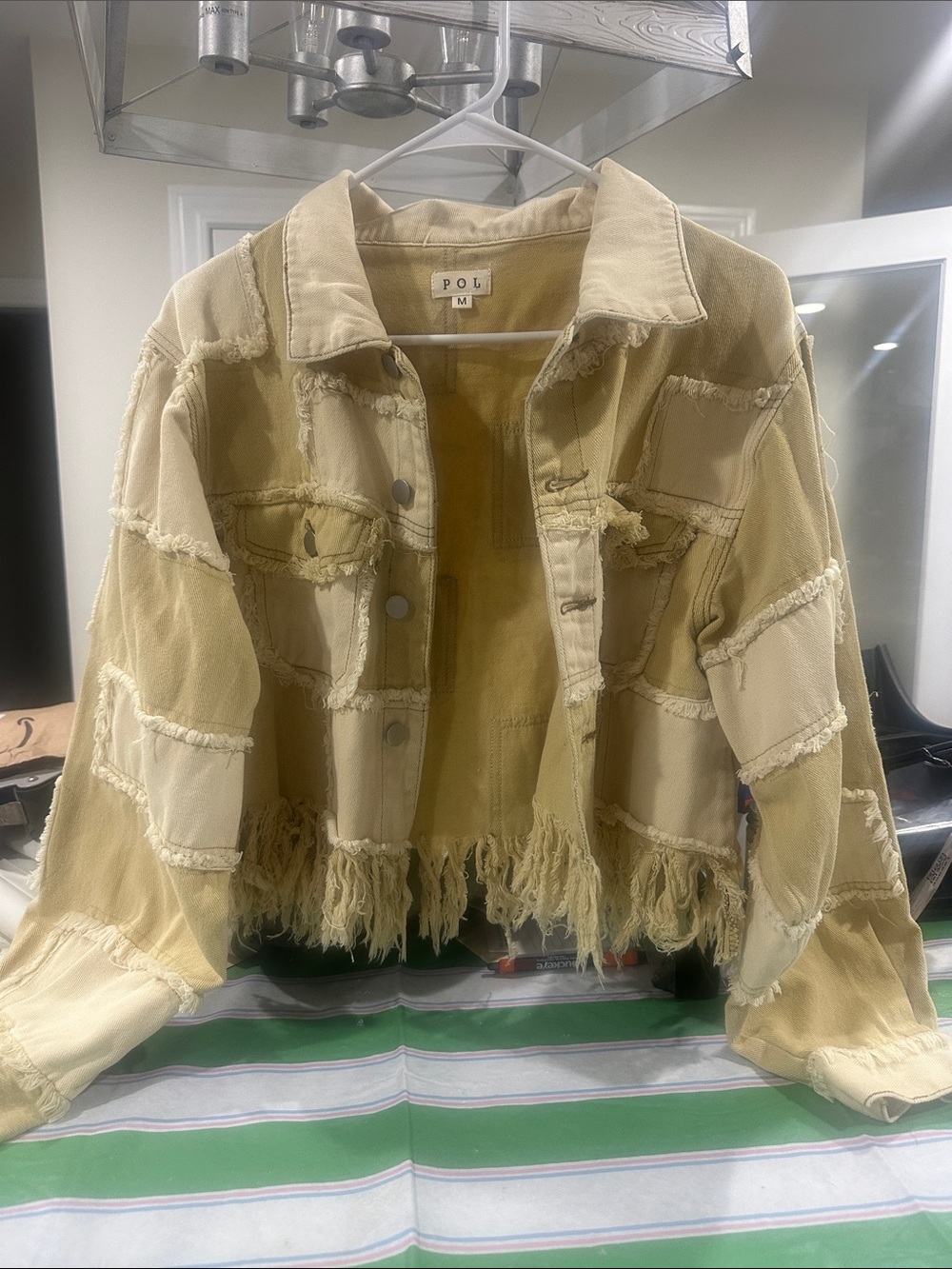 POL Frayed Patchwork Denim Jacket in Beige-Tan